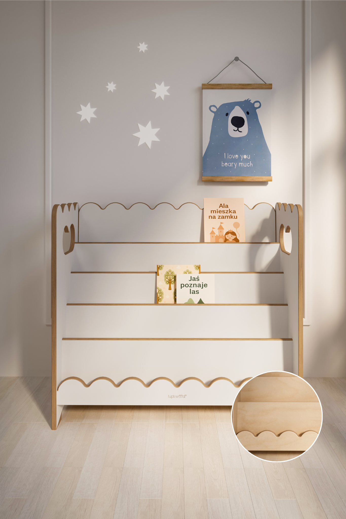 BUBBLE MAXI biblioteczka montessori z falbanką - biała i naturalna