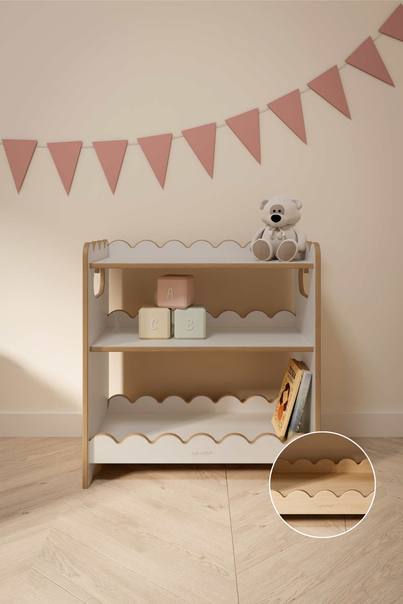 BUBBLE MAXI Regał Montessori z falbanką - biały i drewniany