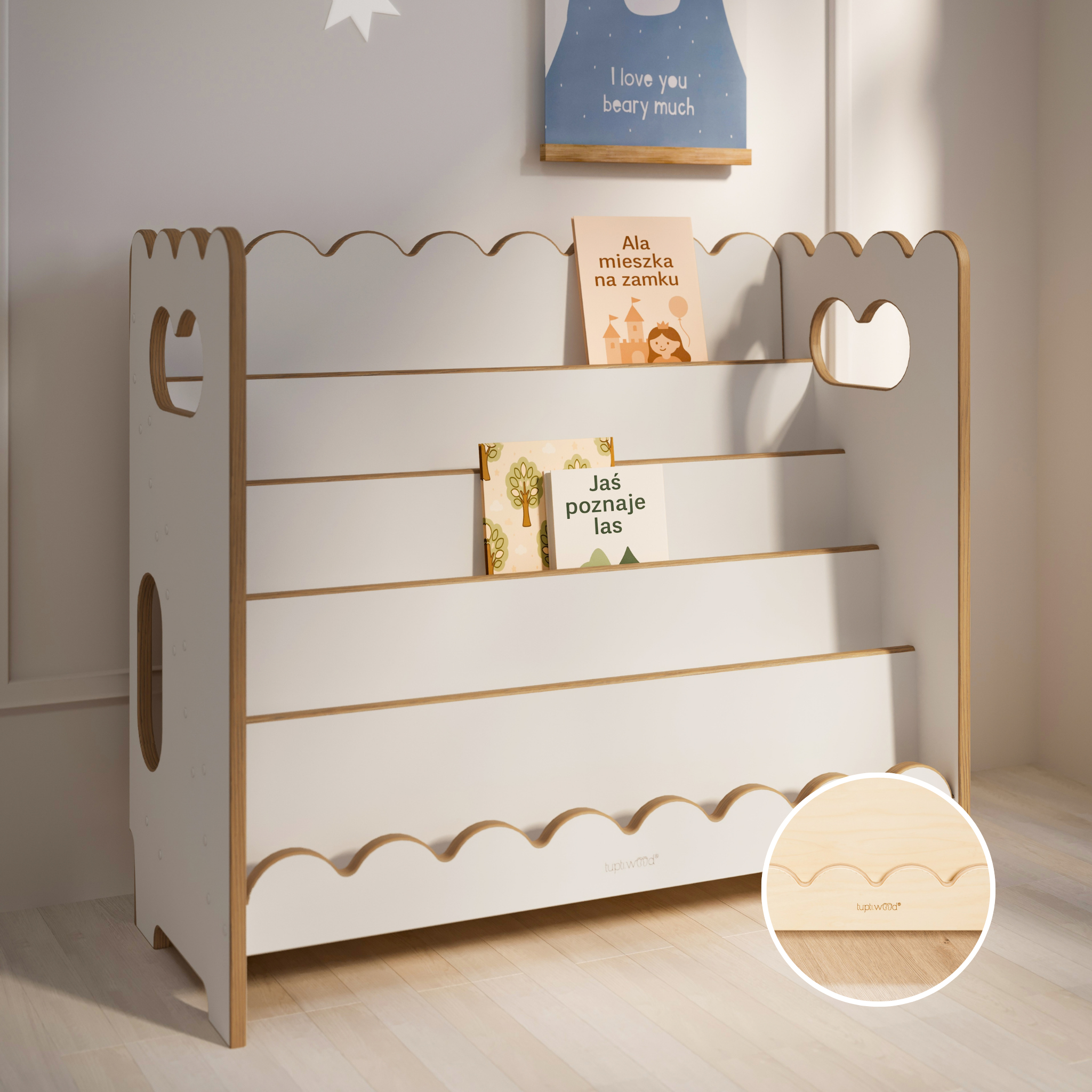 BUBBLE MAXI biblioteczka montessori z falbanką - biała i naturalna